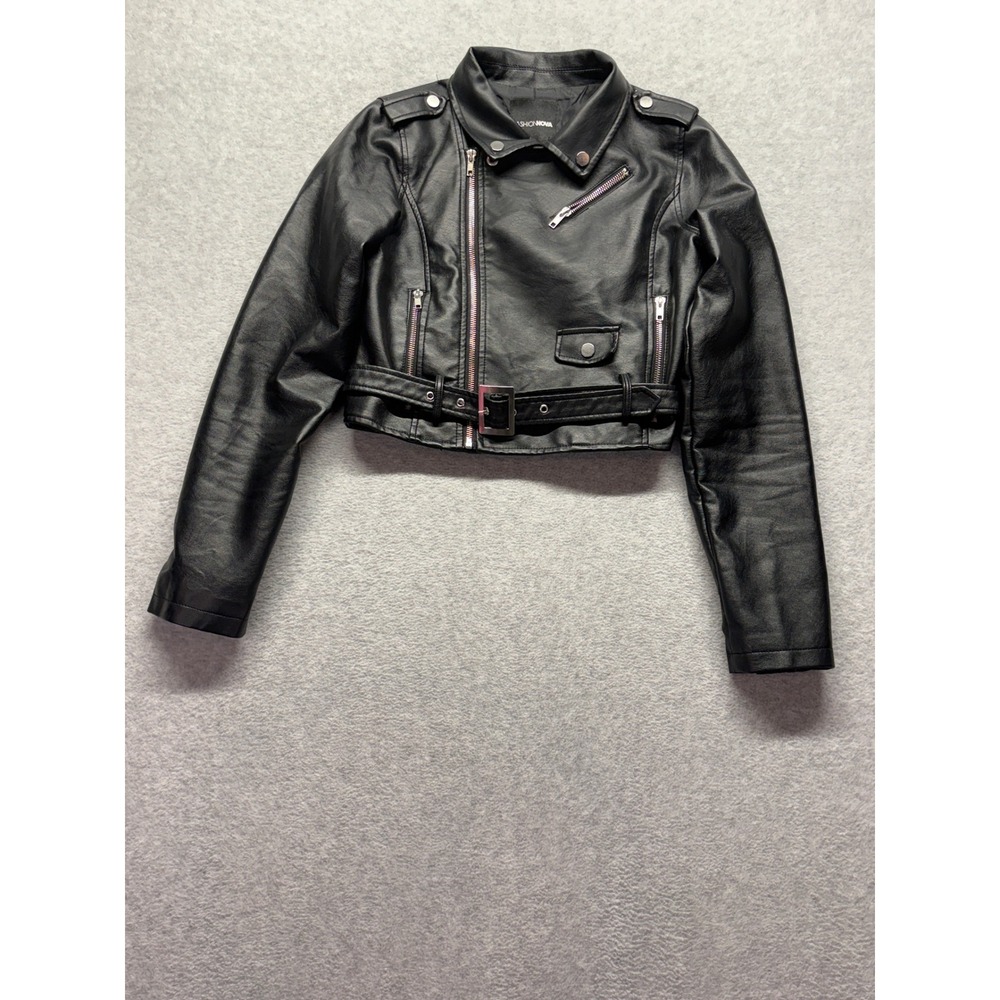 Fashion Nova Black Faux Leather Cropped Moto Biker Jacket Small 13281PUD